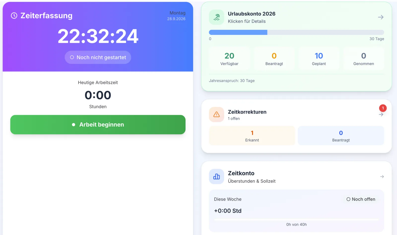 PUNCTO-Dashboard mit Stempeluhr, Urlaubskonto, offenen Zeitkorrekturen und Zeitkonto der Woche